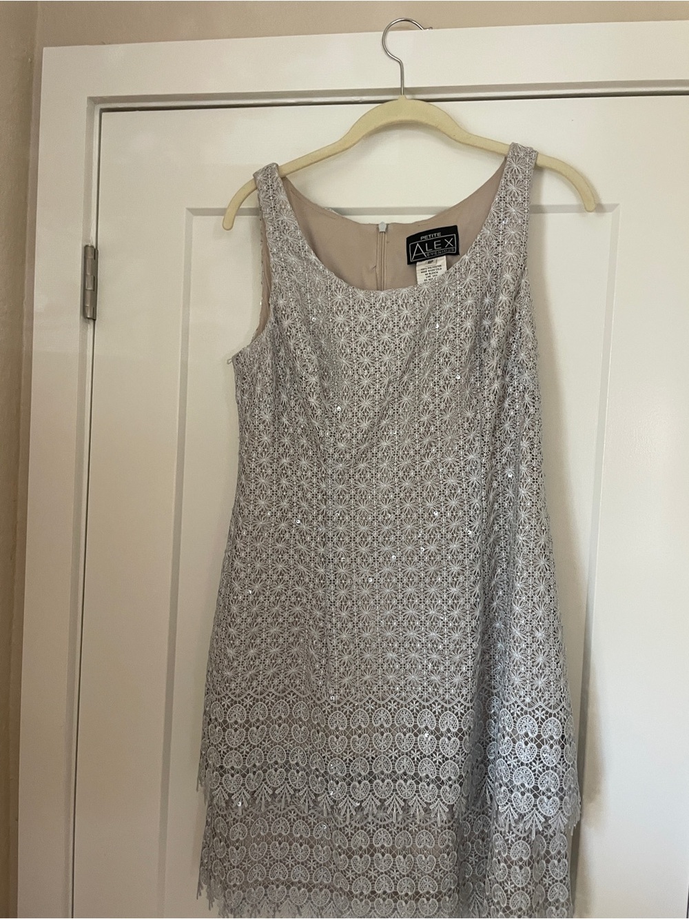 Alex Evenings Silver Lace Midi Dress with Sequins